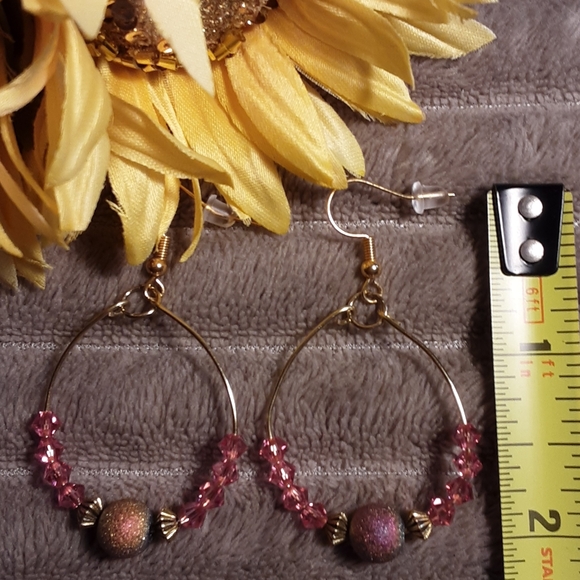 Handmade Czech Crystal Dangle Pink And Gold Pierced Earrings - Picture 2 of 2